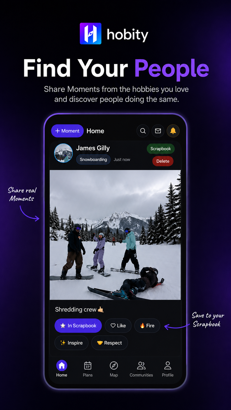 Hobity promotional screenshot showing a snowboarding Moment and hobby-based social features.